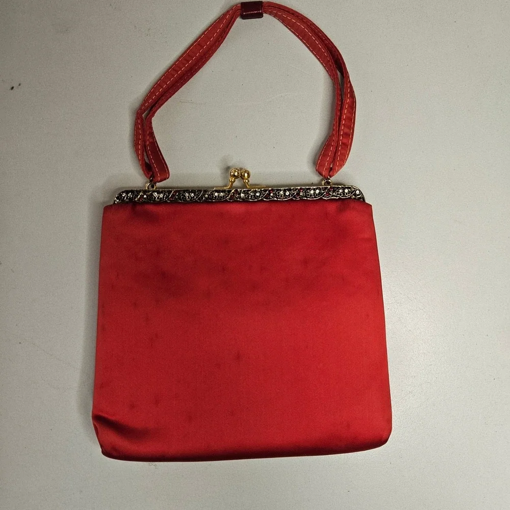 Vtg Harry Levine HL Red Satin Evening Bag Jeweled Kiss Lock‎ Clutch Coin Purse